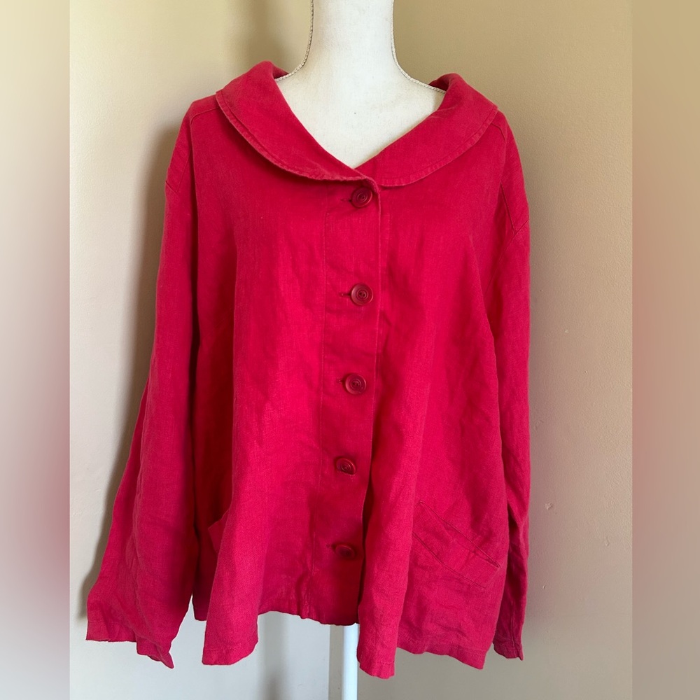 FLAX Linen Top Size 2G Red/Pink Button Down Rounded Collar